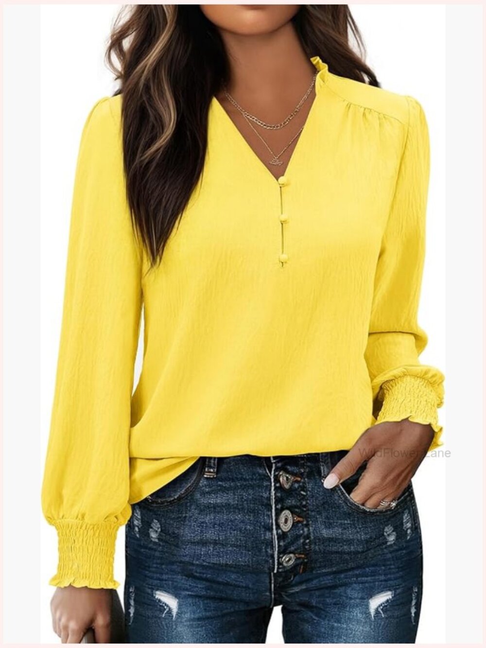Dressy Casual Long Sleeve V Neck Tunic with Smocked Cuffs